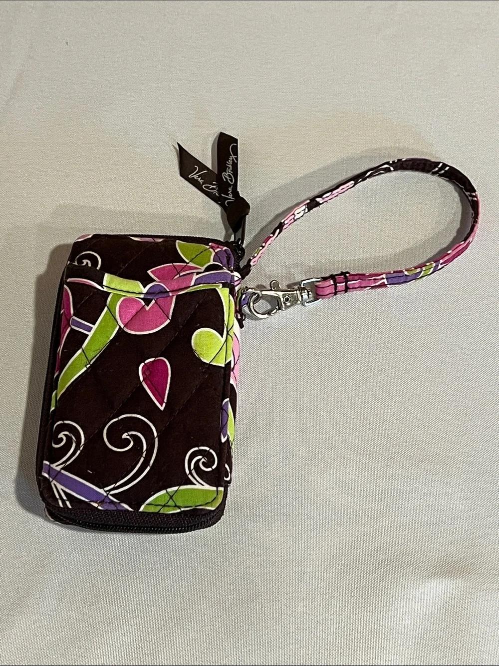 Vera Bradley Quilted Wristlet in Brown with Pink & Green Floral Print - Picture 1 of 3